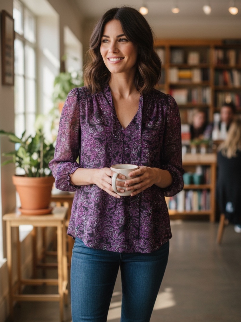 LOFT Deep Purple Floral Sheer Tie Neckline Swing Oversized Blouse Tunic Top